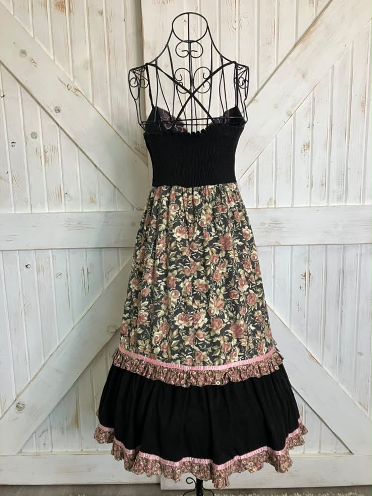 70's Vintage Young Edwardian Arpeja Black Pink Green Calico Rose Corset Sweetheart Midi Sundress Dress
