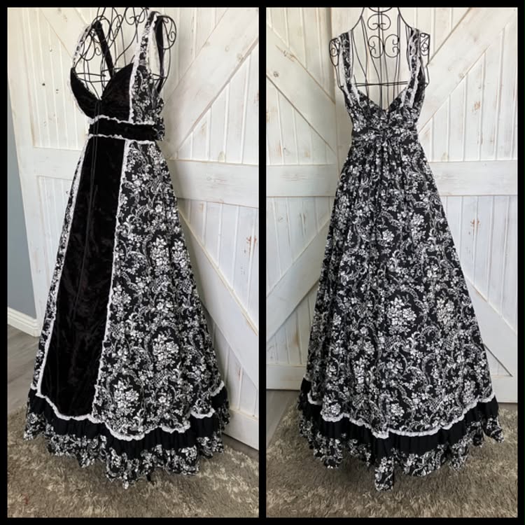Reproduction Retro Gunne Sax STYLE Black White Velveteen Calico Prairie Sweetheart Maxi Sundress Dress