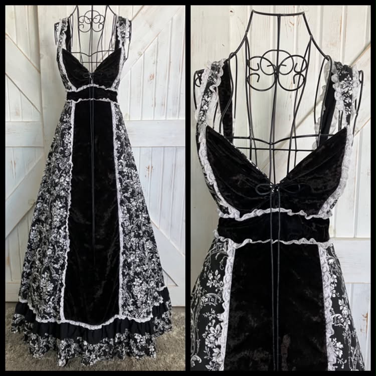 Reproduction Retro Gunne Sax STYLE Black White Velveteen Calico Prairie Sweetheart Maxi Sundress Dress