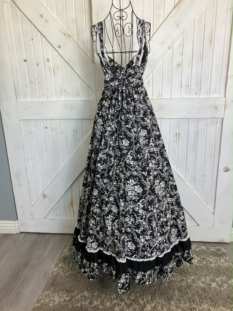 Reproduction Retro Gunne Sax STYLE Black White Velveteen Calico Prairie Sweetheart Maxi Sundress Dress