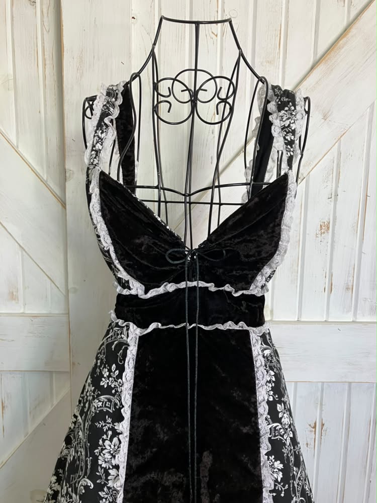 Reproduction Retro Gunne Sax STYLE Black White Velveteen Calico Prairie Sweetheart Maxi Sundress Dress