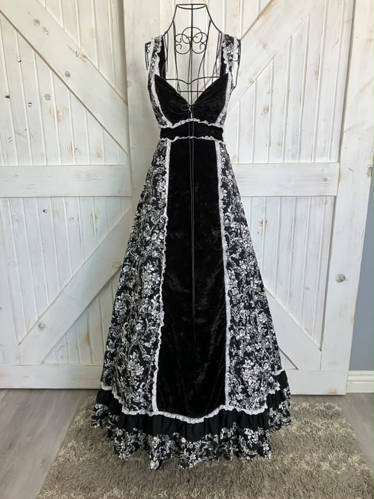 Reproduction Retro Gunne Sax STYLE Black White Velveteen Calico Prairie Sweetheart Maxi Sundress Dress