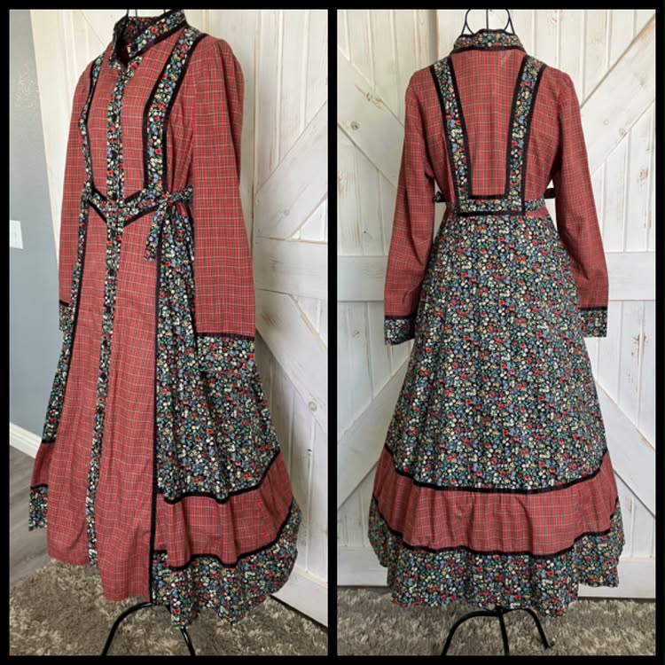 70's Vintage Gunne Sax Red Green Black Rainbow Calico Plaid Side Ties Prairie Midi Dress 13 *FLAW