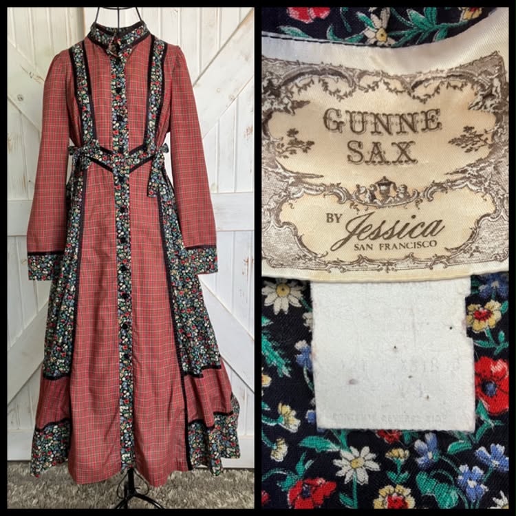 70's Vintage Gunne Sax Red Green Black Rainbow Calico Plaid Side Ties Prairie Midi Dress 13 *FLAW