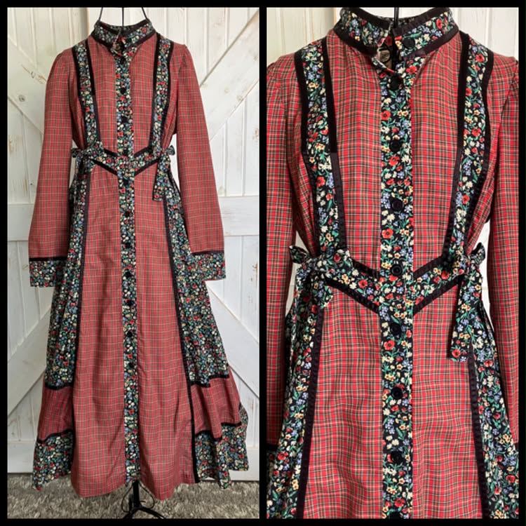 70's Vintage Gunne Sax Red Green Black Rainbow Calico Plaid Side Ties Prairie Midi Dress 13 *FLAW