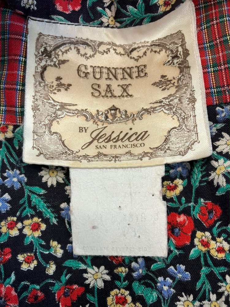 70's Vintage Gunne Sax Red Green Black Rainbow Calico Plaid Side Ties Prairie Midi Dress 13 *FLAW