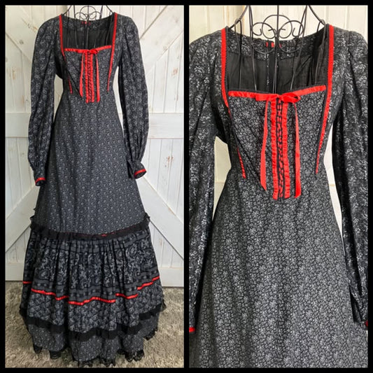 70's Vintage Handmade Gunne Sax STYLE Black White Red Calico Prairie Corset Maxi Dress