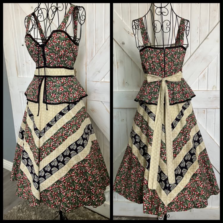 70's Vintage Joseph I. Magnin Red Green Black Calico Chevron Stripe Paisley Corset Gunne Sax STYLE Peplum Prairie Midi Sundress Dress