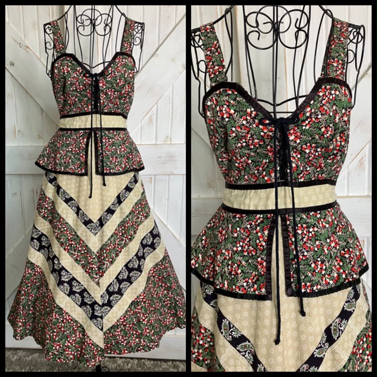 70's Vintage Joseph I. Magnin Red Green Black Calico Chevron Stripe Paisley Corset Gunne Sax STYLE Peplum Prairie Midi Sundress Dress