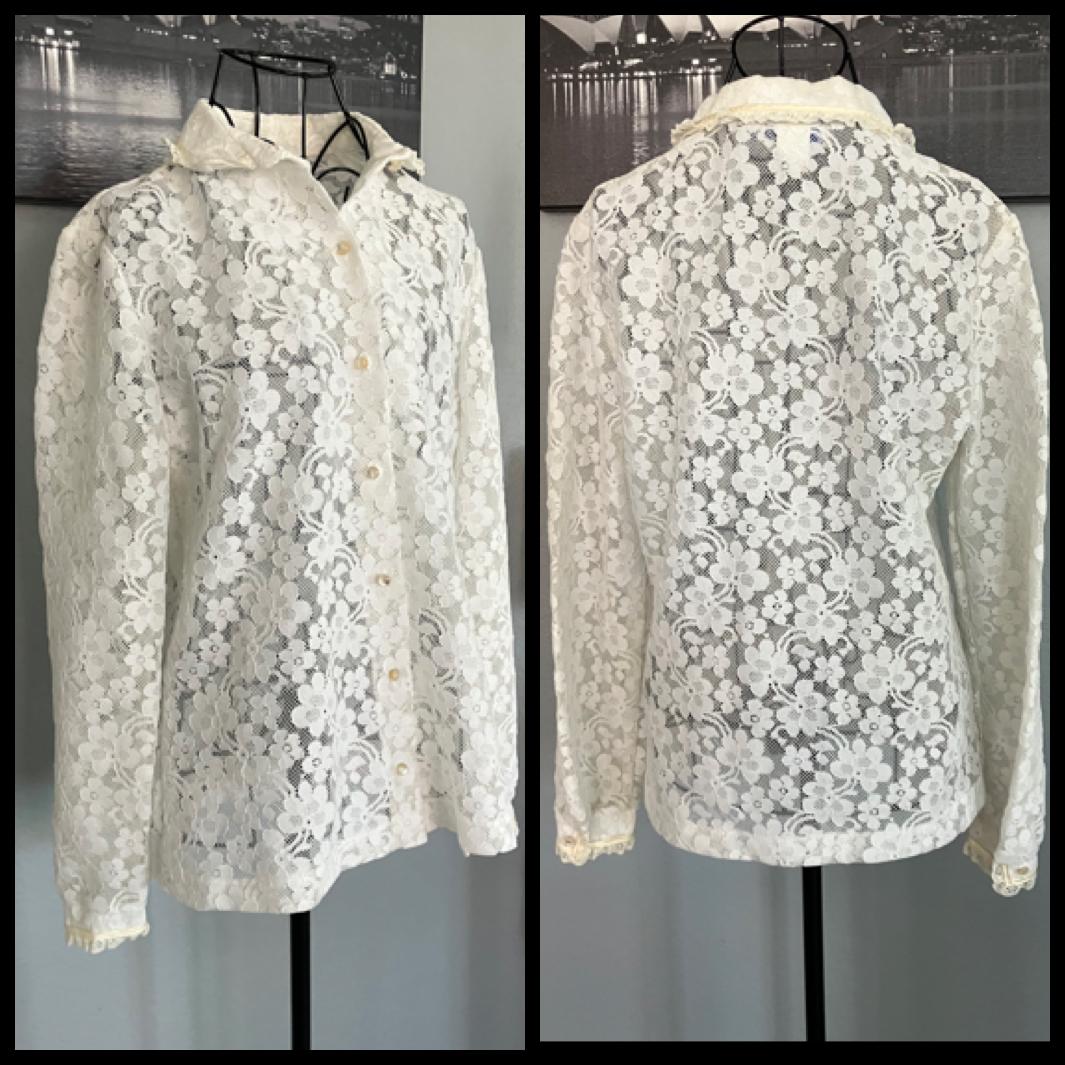 70's Vintage Sunny South Fashions White Lace Collared Flower Power Hippie Boho Blouse