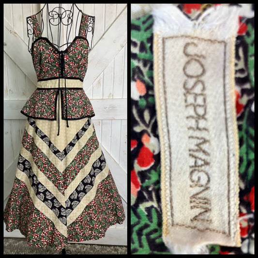 70's Vintage Joseph I. Magnin Red Green Black Calico Chevron Stripe Paisley Corset Gunne Sax STYLE Peplum Prairie Midi Sundress Dress
