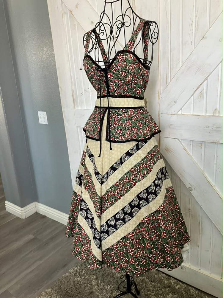 70's Vintage Joseph I. Magnin Red Green Black Calico Chevron Stripe Paisley Corset Gunne Sax STYLE Peplum Prairie Midi Sundress Dress