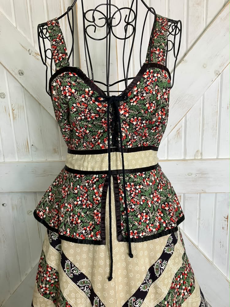 70's Vintage Joseph I. Magnin Red Green Black Calico Chevron Stripe Paisley Corset Gunne Sax STYLE Peplum Prairie Midi Sundress Dress