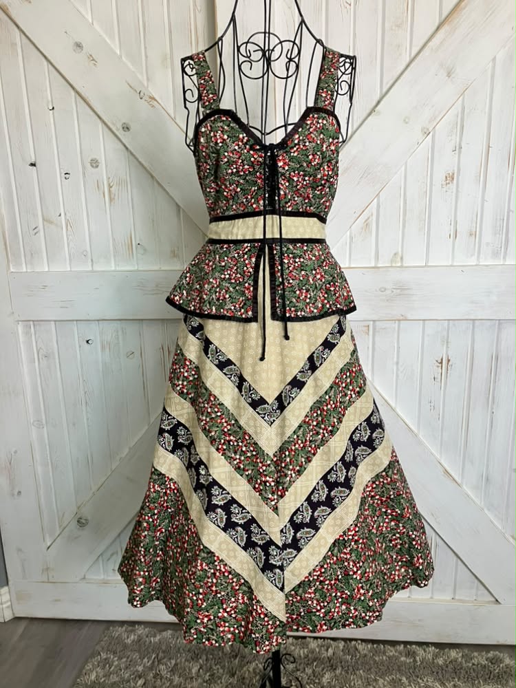 70's Vintage Joseph I. Magnin Red Green Black Calico Chevron Stripe Paisley Corset Gunne Sax STYLE Peplum Prairie Midi Sundress Dress