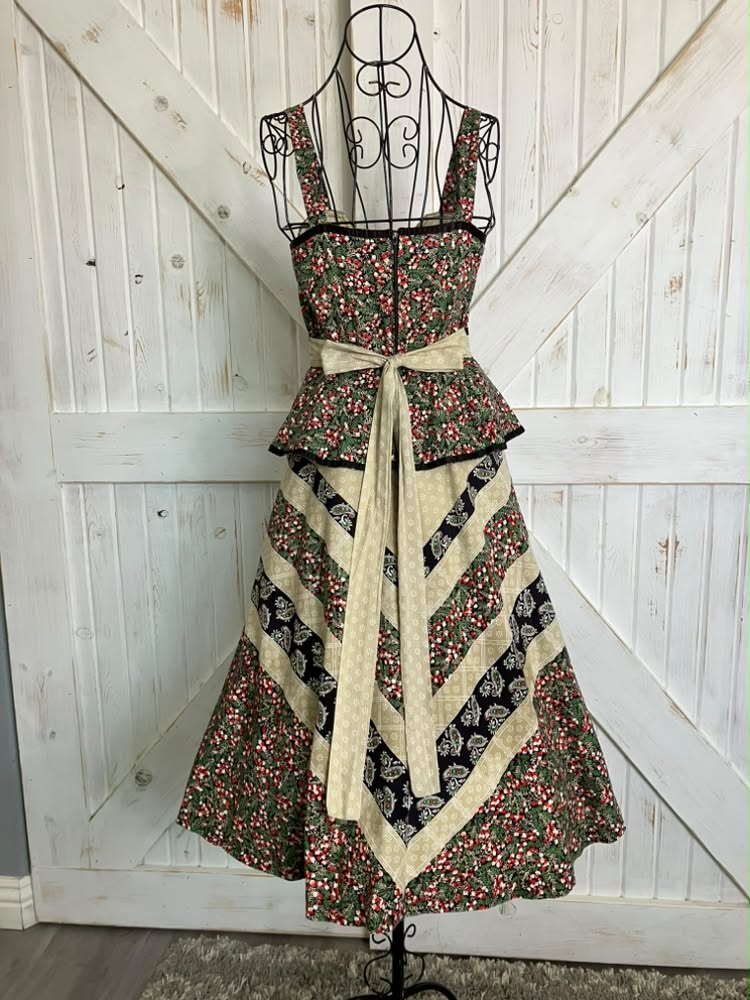 70's Vintage Joseph I. Magnin Red Green Black Calico Chevron Stripe Paisley Corset Gunne Sax STYLE Peplum Prairie Midi Sundress Dress
