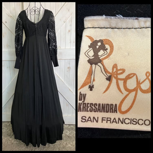 70's Vintage Rags by Kressandra Black Poly Lace Corset Gunne Sax STYLE Prairie Witchy Woman Maxi Dress
