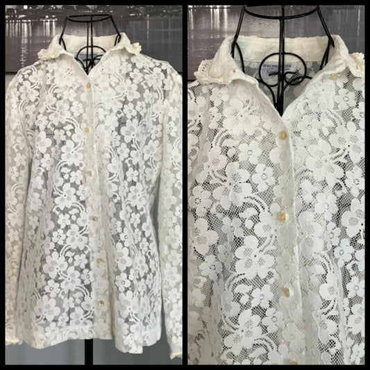 70's Vintage Sunny South Fashions White Lace Collared Flower Power Hippie Boho Blouse
