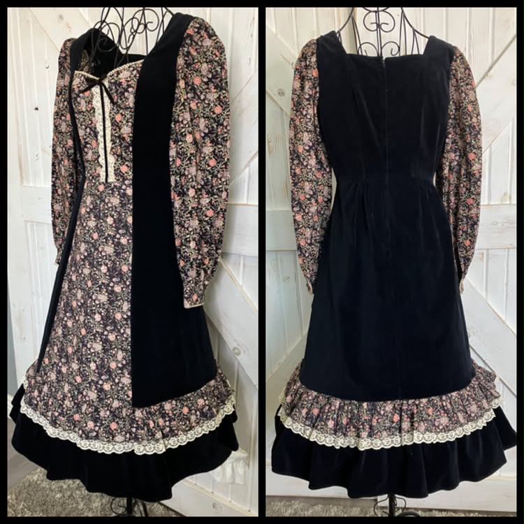 70's Vintage Candi Jones Black Velvet Pink Calico Bird Print Prairie Gunne Sax STYLE Midi Dress