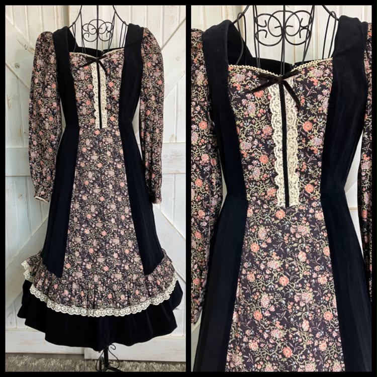 70's Vintage Candi Jones Black Velvet Pink Calico Bird Print Prairie Gunne Sax STYLE Midi Dress