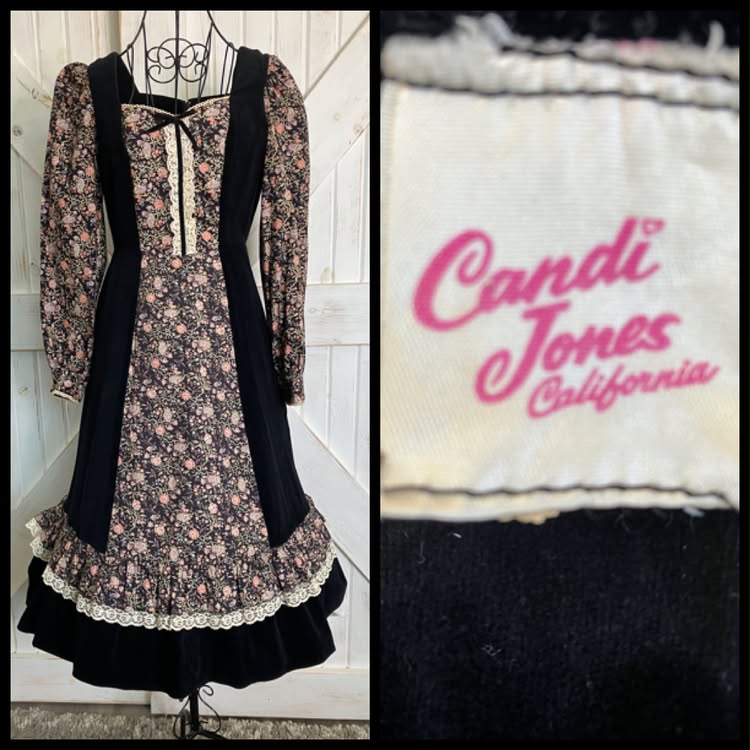 70's Vintage Candi Jones Black Velvet Pink Calico Bird Print Prairie Gunne Sax STYLE Midi Dress