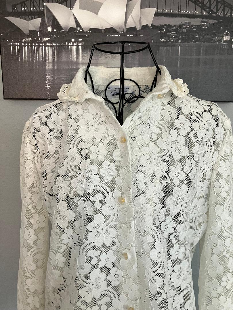 70's Vintage Sunny South Fashions White Lace Collared Flower Power Hippie Boho Blouse