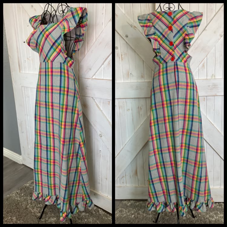 70's Vintage Algo Ettes Rainbow Red Gray Green Yellow Blue Plaid Wool Pinafore Prairie Maxi Dress