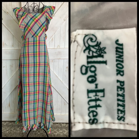 70's Vintage Algo Ettes Rainbow Red Gray Green Yellow Blue Plaid Wool Pinafore Prairie Maxi Dress