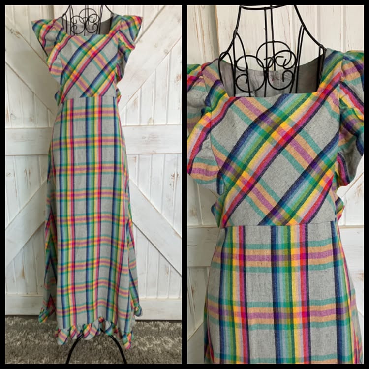 70's Vintage Algo Ettes Rainbow Red Gray Green Yellow Blue Plaid Wool Pinafore Prairie Maxi Dress