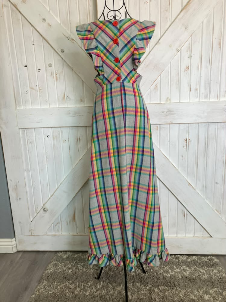 70's Vintage Algo Ettes Rainbow Red Gray Green Yellow Blue Plaid Wool Pinafore Prairie Maxi Dress