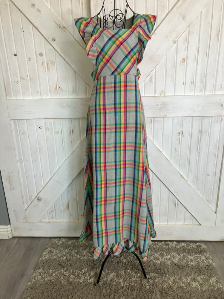 70's Vintage Algo Ettes Rainbow Red Gray Green Yellow Blue Plaid Wool Pinafore Prairie Maxi Dress
