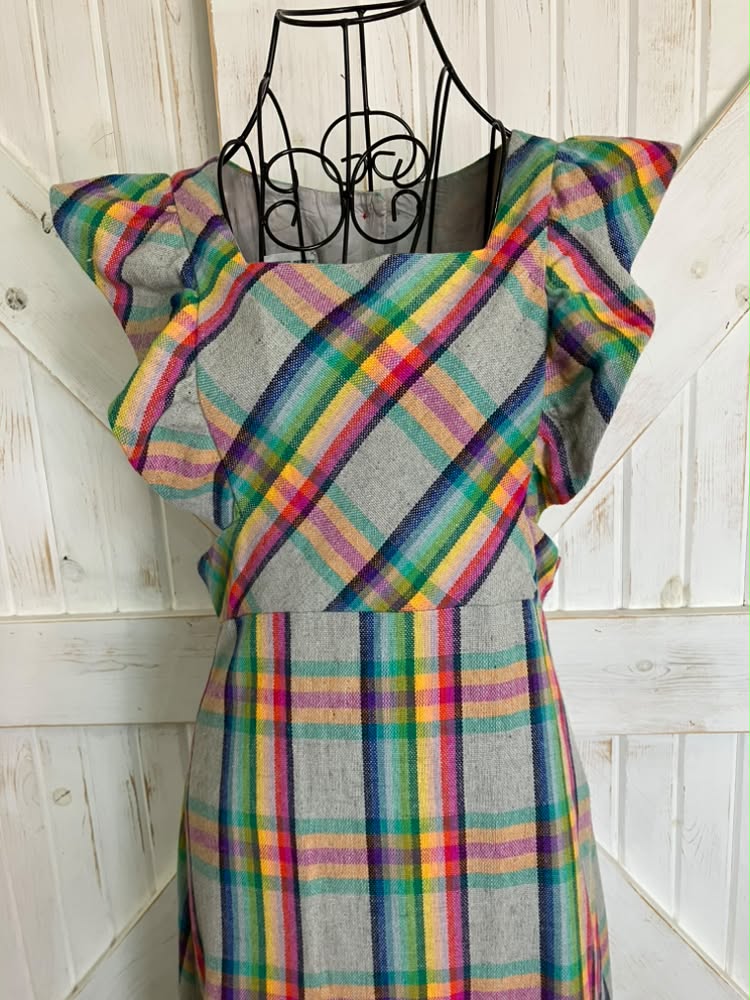 70's Vintage Algo Ettes Rainbow Red Gray Green Yellow Blue Plaid Wool Pinafore Prairie Maxi Dress