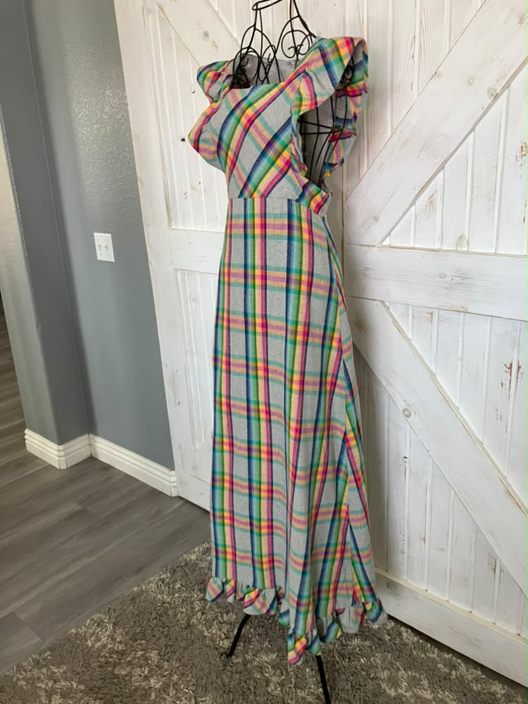 70's Vintage Algo Ettes Rainbow Red Gray Green Yellow Blue Plaid Wool Pinafore Prairie Maxi Dress