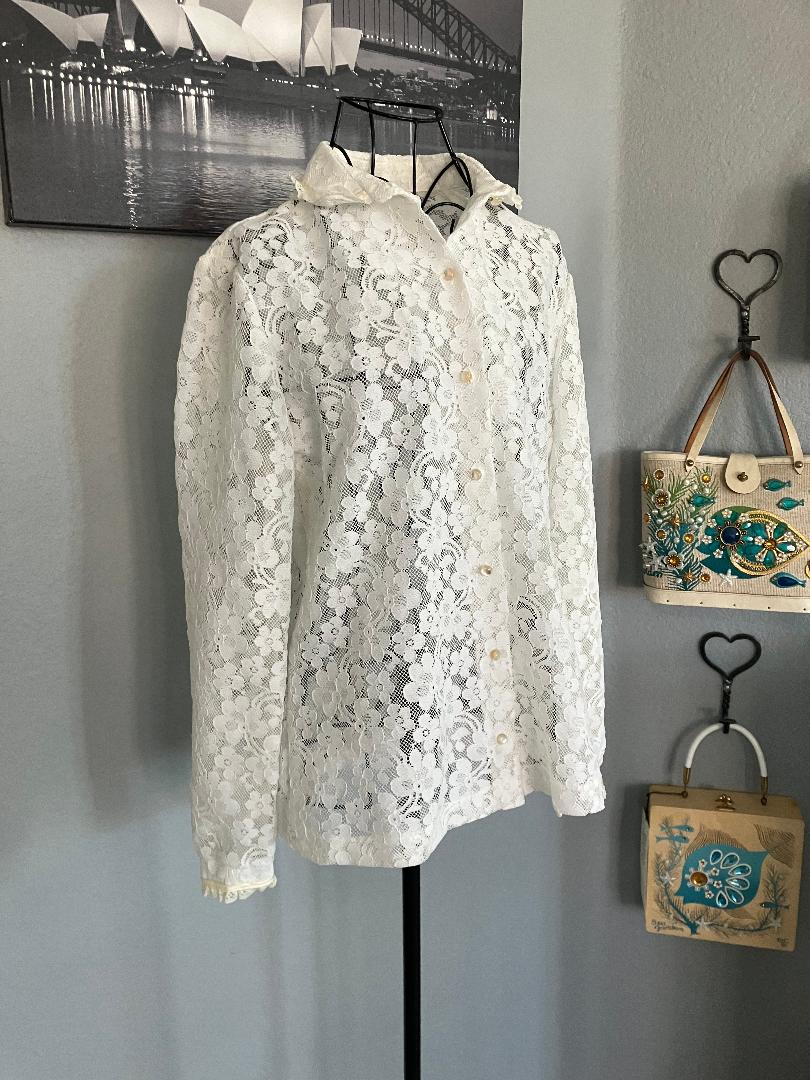 70's Vintage Sunny South Fashions White Lace Collared Flower Power Hippie Boho Blouse