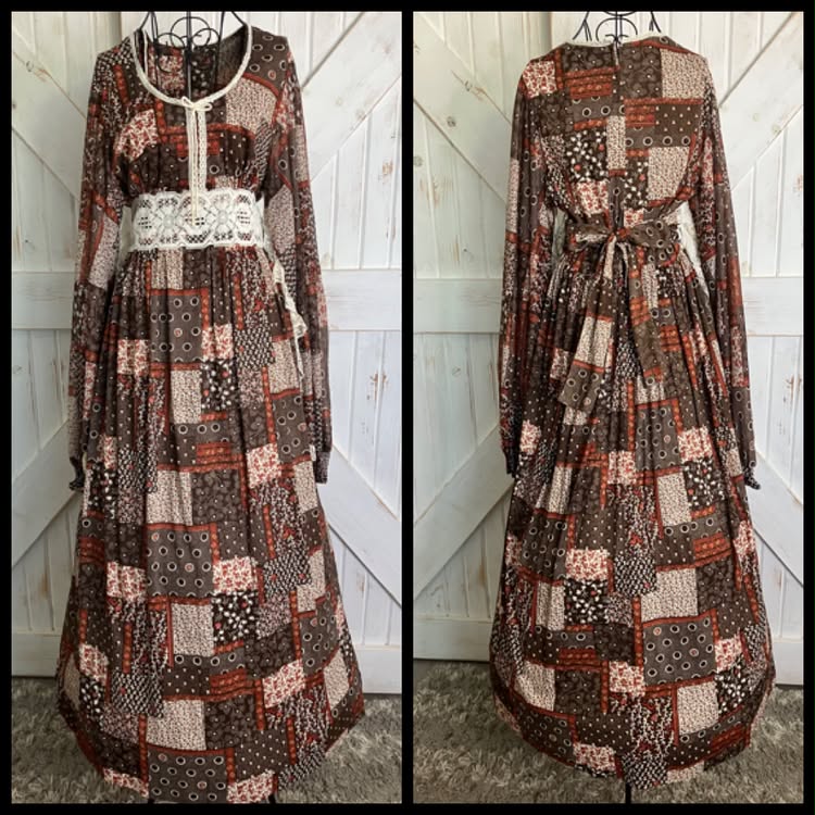 70's Vintage Brown White Orange Calico Patchwork Gunne Sax STYLE  Poly Boho Angel SleeveMaxi Dress
