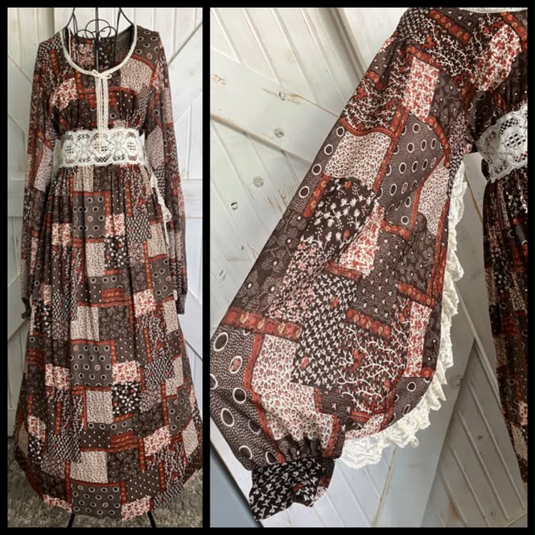 70's Vintage Brown White Orange Calico Patchwork Gunne Sax STYLE  Poly Boho Angel SleeveMaxi Dress