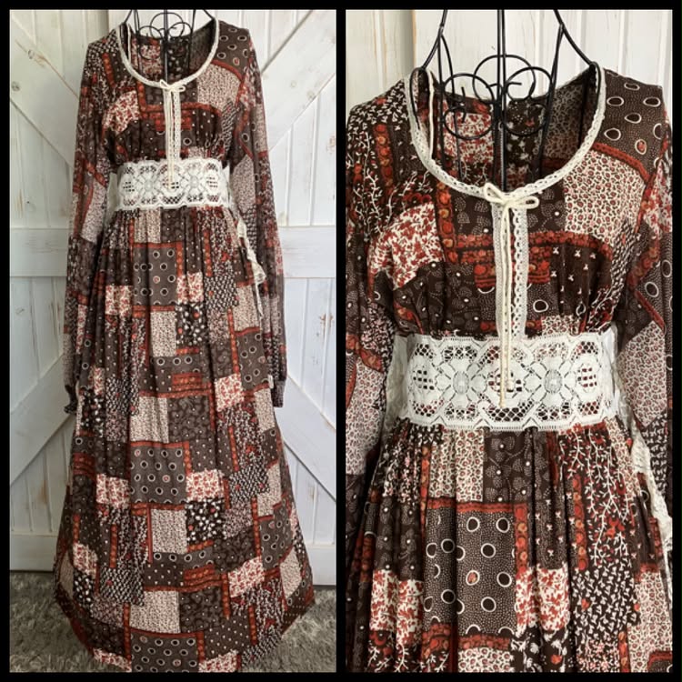 70's Vintage Brown White Orange Calico Patchwork Gunne Sax STYLE  Poly Boho Angel SleeveMaxi Dress