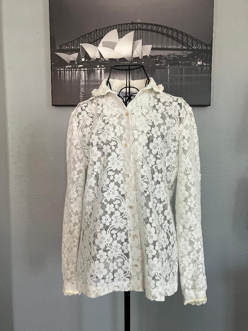 70's Vintage Sunny South Fashions White Lace Collared Flower Power Hippie Boho Blouse