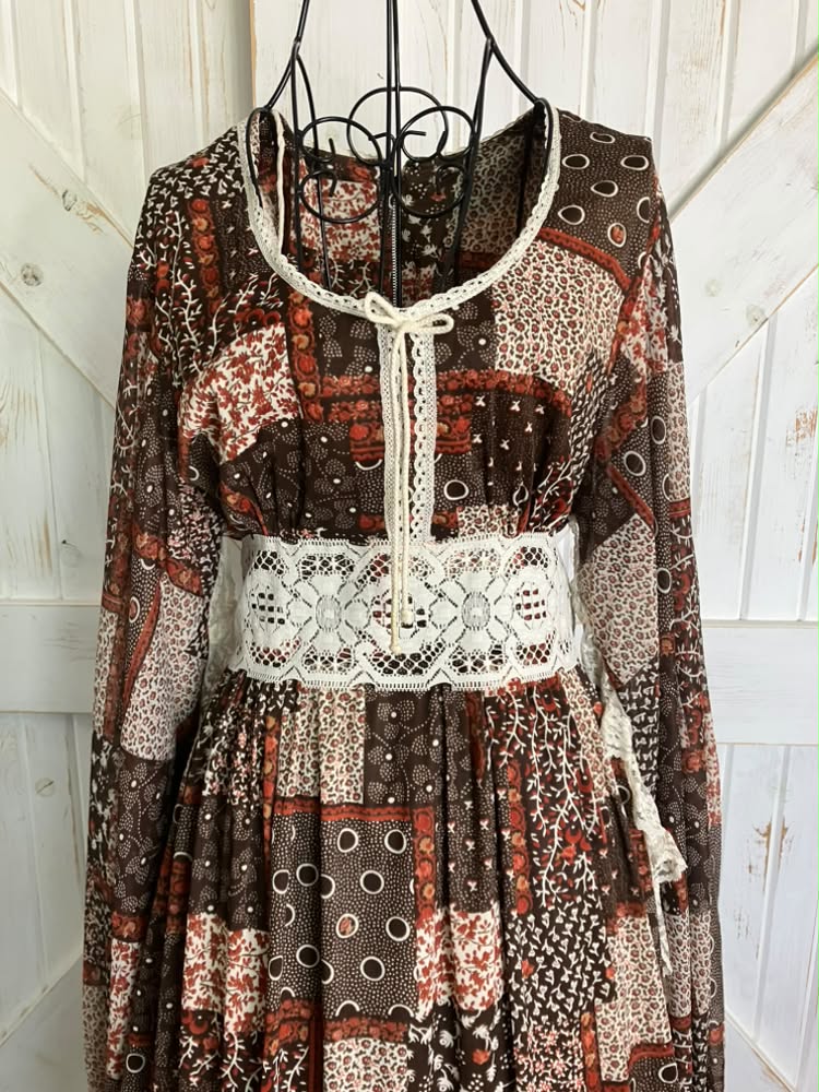 70's Vintage Brown White Orange Calico Patchwork Gunne Sax STYLE  Poly Boho Angel SleeveMaxi Dress