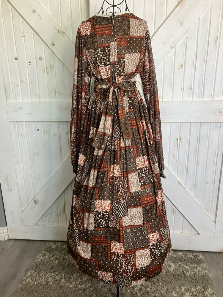 70's Vintage Brown White Orange Calico Patchwork Gunne Sax STYLE  Poly Boho Angel SleeveMaxi Dress