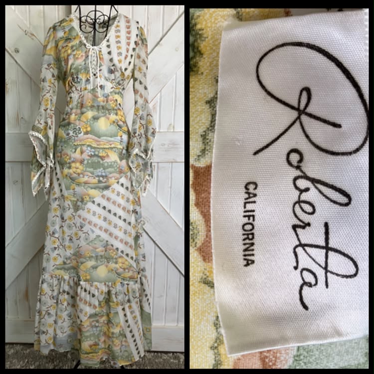 70's Vintage Roberta Caifornia White Yellow Green Novelty Print Hillside Town Bohemian Bell Sleeve Maxi Dress *HEMMED