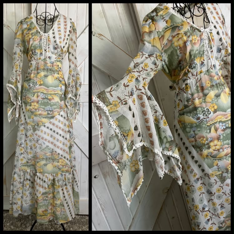 70's Vintage Roberta Caifornia White Yellow Green Novelty Print Hillside Town Bohemian Bell Sleeve Maxi Dress *HEMMED