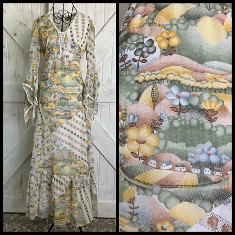 70's Vintage Roberta Caifornia White Yellow Green Novelty Print Hillside Town Bohemian Bell Sleeve Maxi Dress *HEMMED