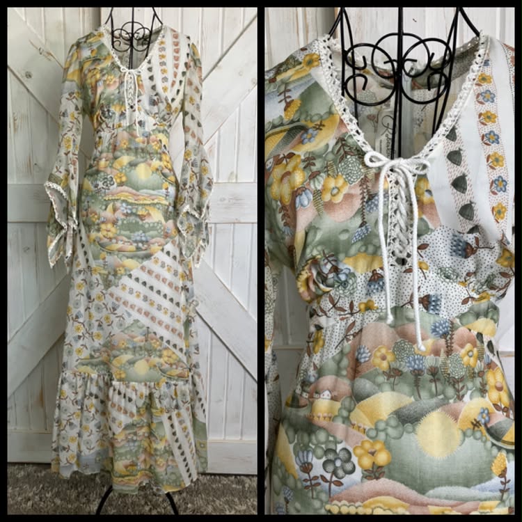 70's Vintage Roberta Caifornia White Yellow Green Novelty Print Hillside Town Bohemian Bell Sleeve Maxi Dress *HEMMED