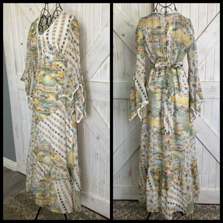 70's Vintage Roberta Caifornia White Yellow Green Novelty Print Hillside Town Bohemian Bell Sleeve Maxi Dress *HEMMED