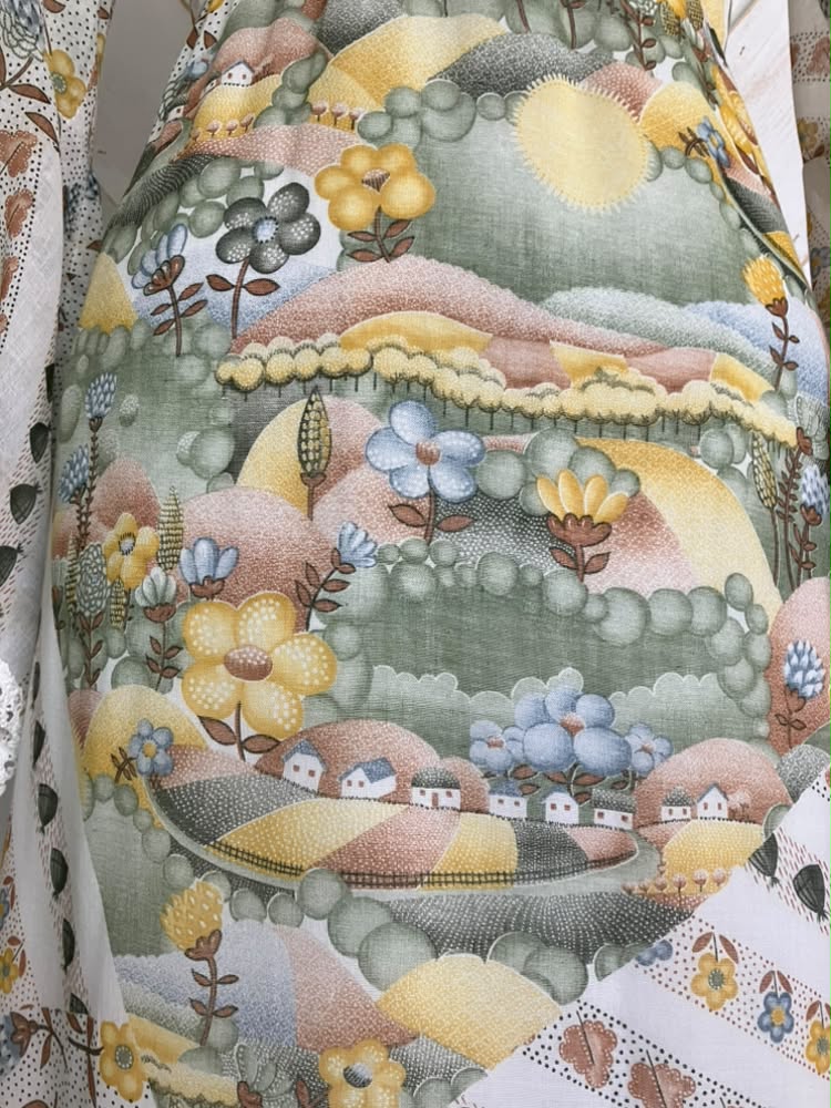 70's Vintage Roberta Caifornia White Yellow Green Novelty Print Hillside Town Bohemian Bell Sleeve Maxi Dress *HEMMED