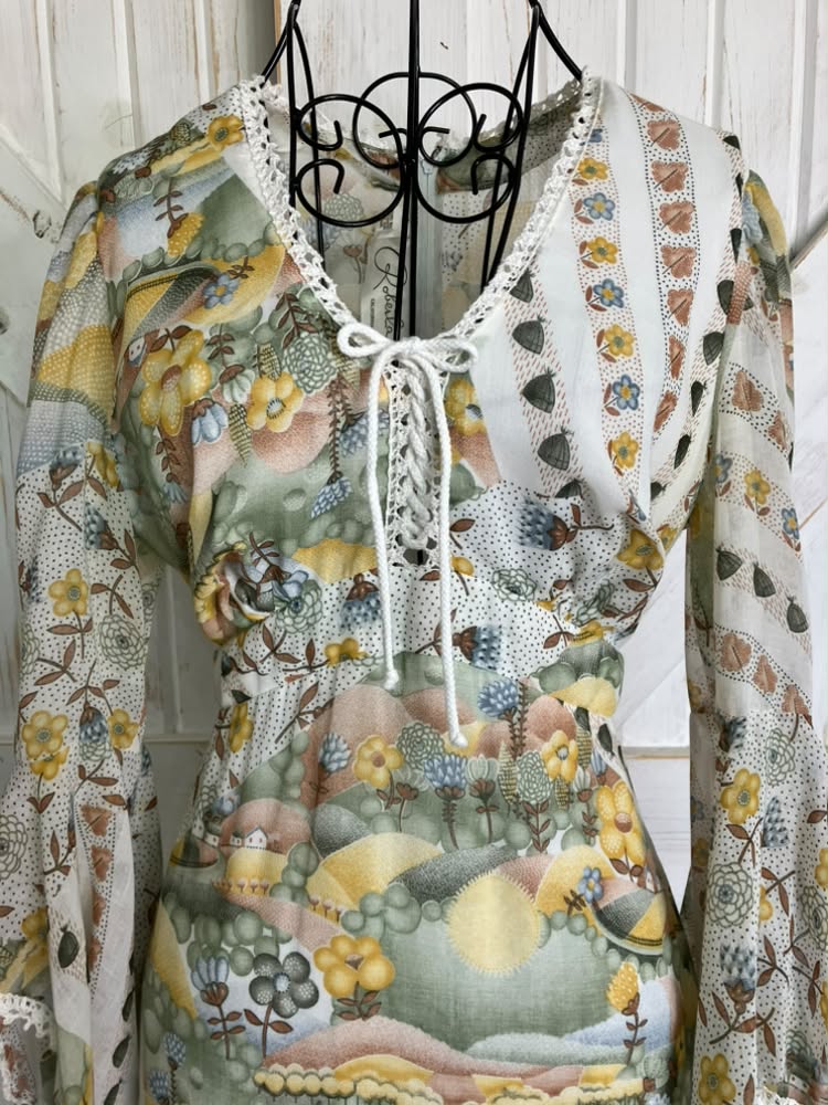 70's Vintage Roberta Caifornia White Yellow Green Novelty Print Hillside Town Bohemian Bell Sleeve Maxi Dress *HEMMED
