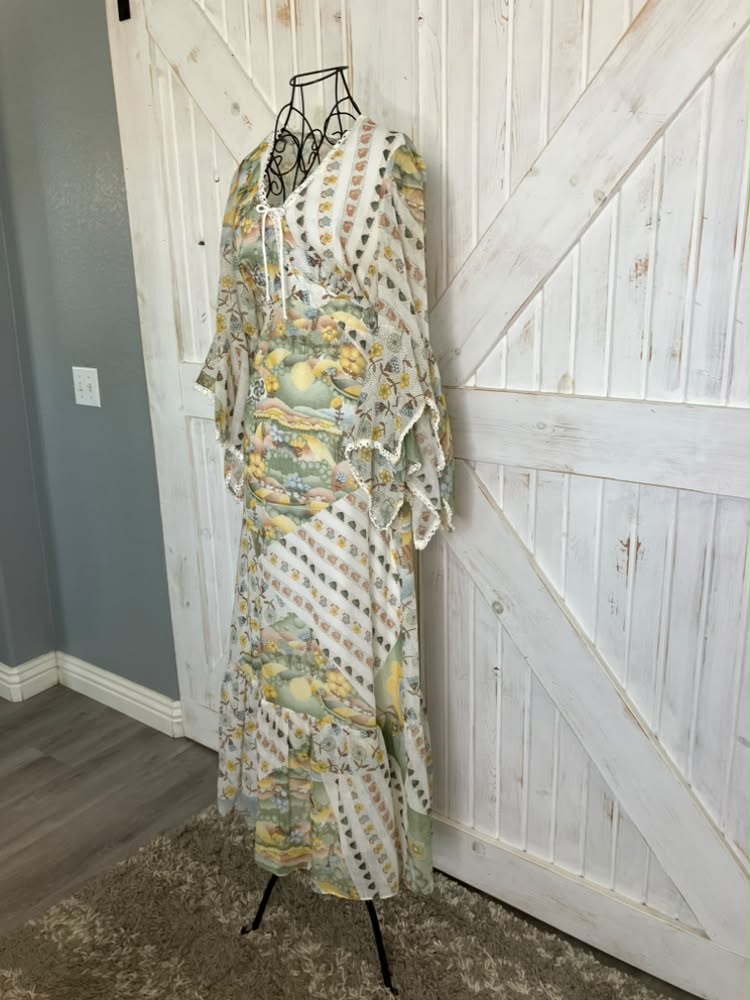 70's Vintage Roberta Caifornia White Yellow Green Novelty Print Hillside Town Bohemian Bell Sleeve Maxi Dress *HEMMED