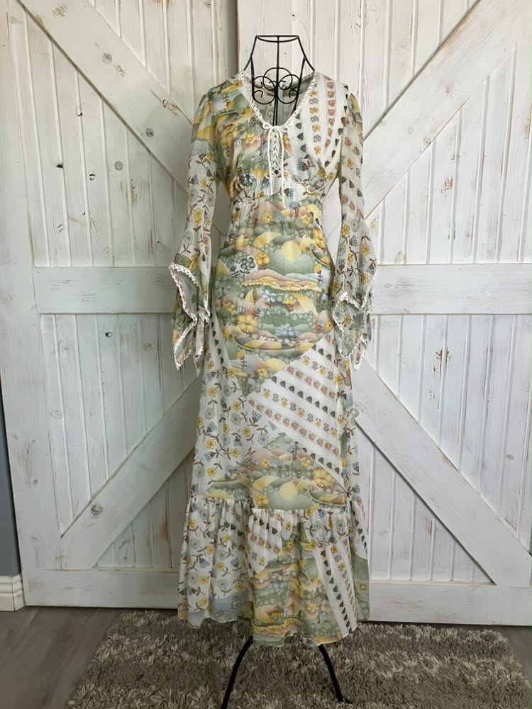 70's Vintage Roberta Caifornia White Yellow Green Novelty Print Hillside Town Bohemian Bell Sleeve Maxi Dress *HEMMED