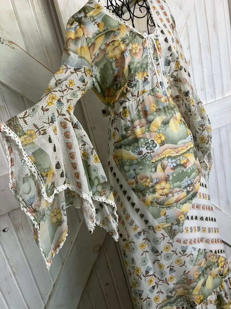 70's Vintage Roberta Caifornia White Yellow Green Novelty Print Hillside Town Bohemian Bell Sleeve Maxi Dress *HEMMED