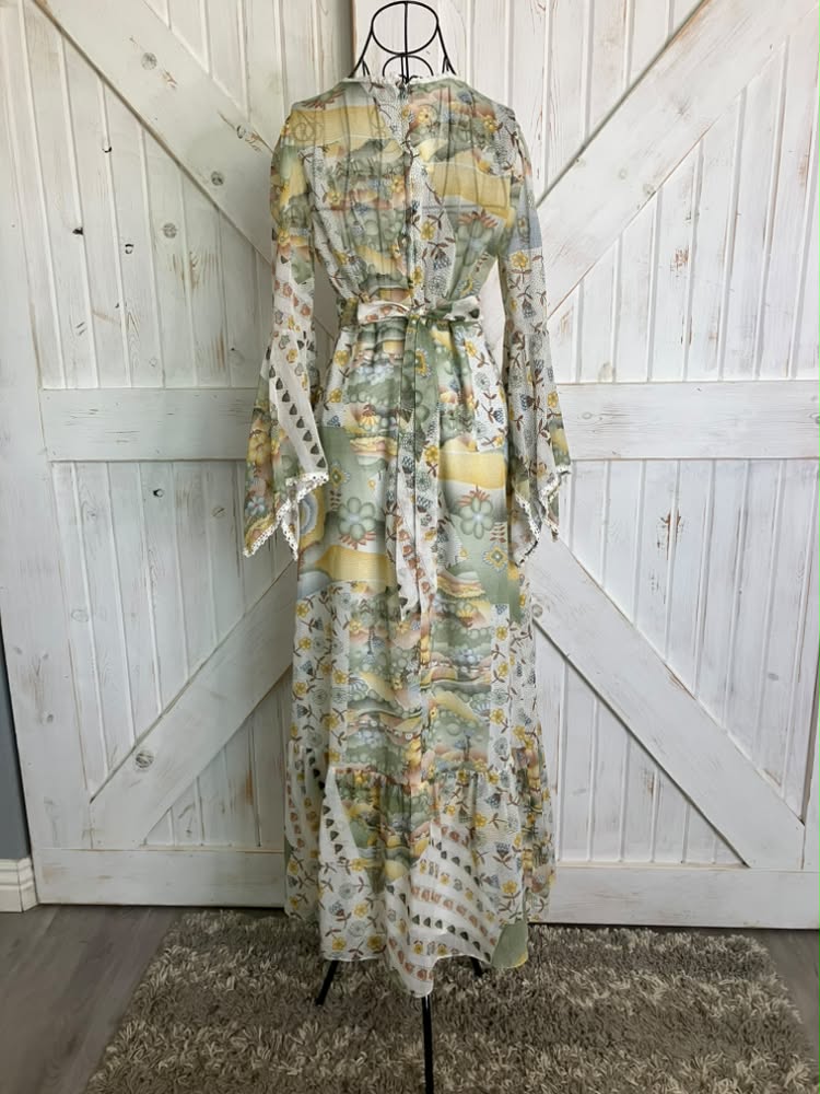 70's Vintage Roberta Caifornia White Yellow Green Novelty Print Hillside Town Bohemian Bell Sleeve Maxi Dress *HEMMED